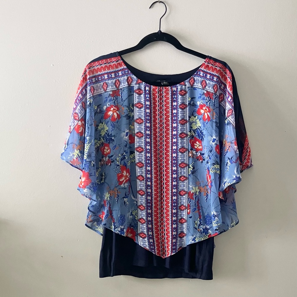 I.N. Studio Sheer Floral Poncho Top Size Small Blue Red Boho Cottagecore Layered